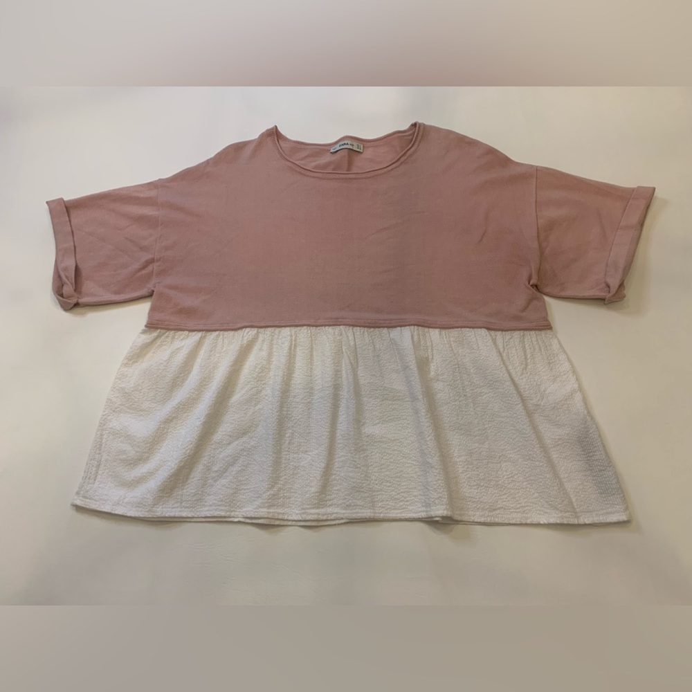 Zara Knit women’s medium white and pink color block blouse, 3/4 sleeves (bin B)